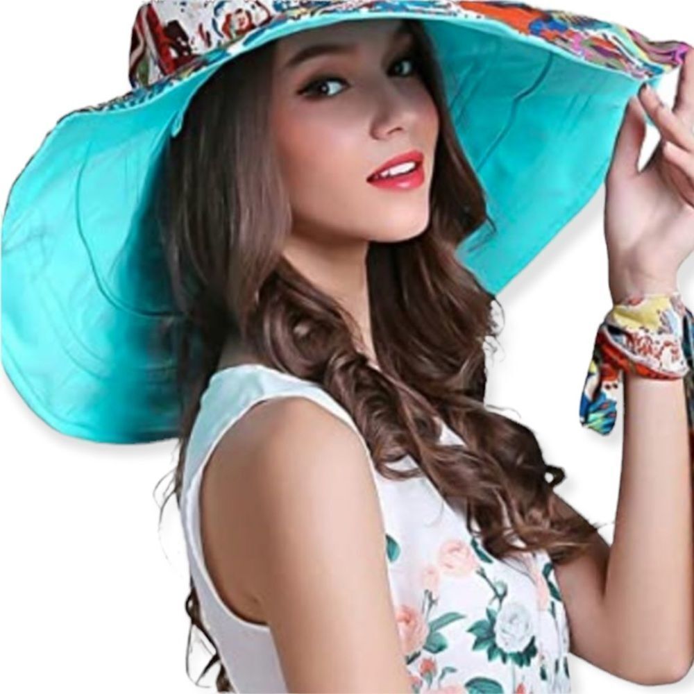 Colorful Blue Wide Brim Reversible Packable Summer Sun Hat NEW